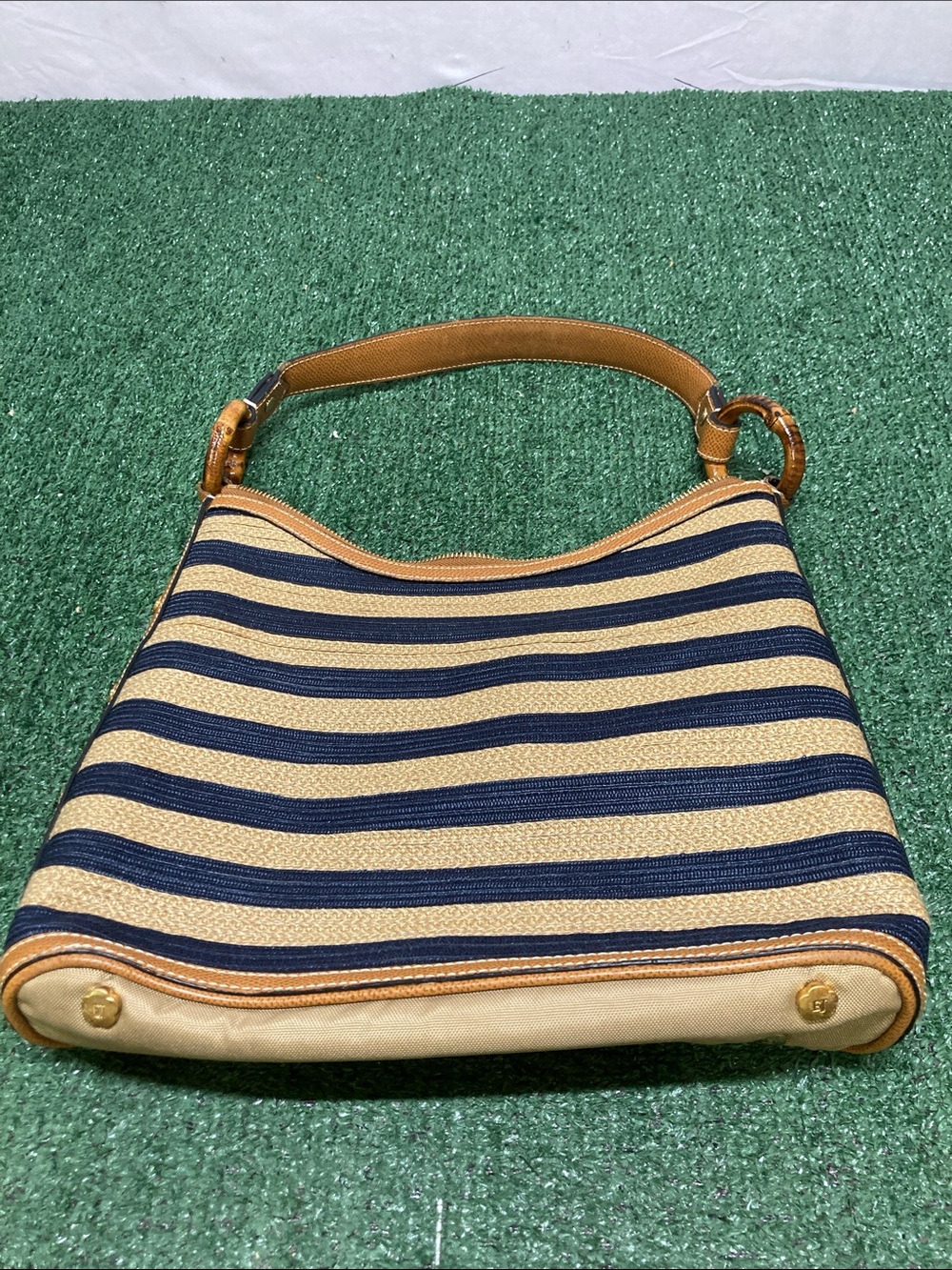 Eric Javits Striped Navy and Tan Shoulder Bag (OKPM-10-08)
